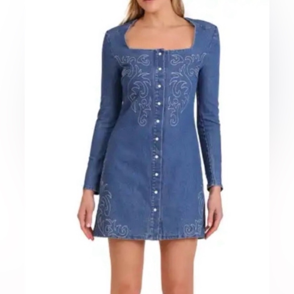 NWT Avec Les Filles Western Embroidered Denim Mini Dress Size 4
